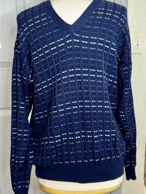 Bobby Jones Players Sweater Polo Mens Medium Vintage Navy Plaid 100% Cotton Golf